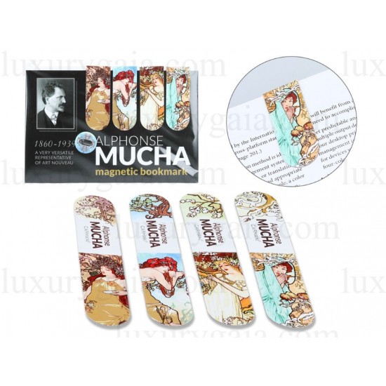Магнитен книгоразделител комплект от 4 броя по картини на Alphonse Mucha  .Размер 20x54mm - Luxurygaia.com