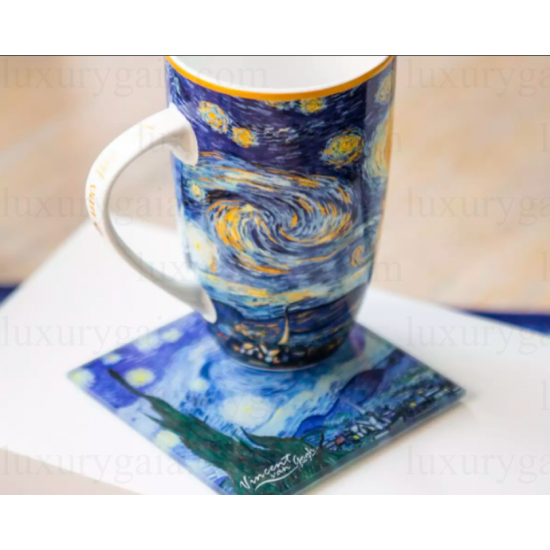 Стъклена подложка за чаша по картини на Van Gogh ''Звездна нощ''. Размер 10.5x10.5cm - Luxurygaia.com