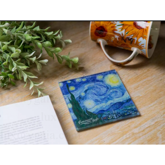 Стъклена подложка за чаша по картини на Van Gogh ''Звездна нощ''. Размер 10.5x10.5cm - Luxurygaia.com
