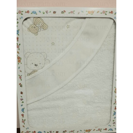 Бебешка пелена за баня ''Мече''. 100% памук с качулка и място за бродерия .  Размер 74х74см - Luxurygaia.com