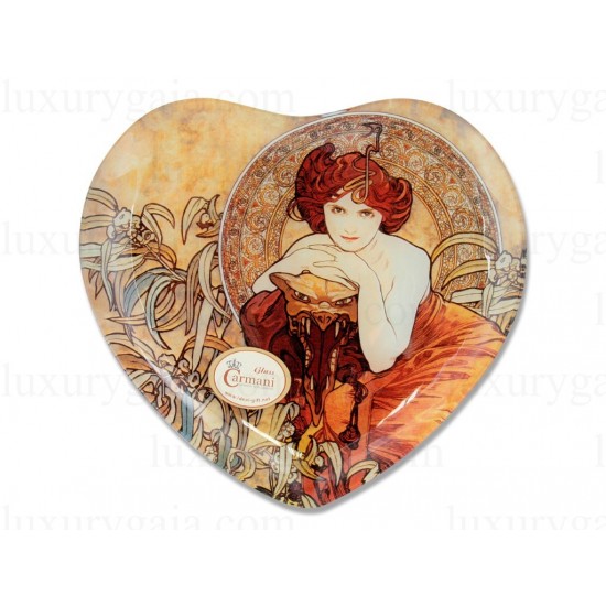 Стъклено плато с 24 карата златно покритие -Сърце. По картини на Alphonse Mucha ''Emerald'' . Размер 25х23см. - Luxurygaia.com