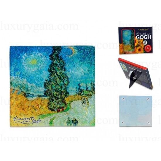 Стъклена подложка за чаша по картини на Van Gogh ''Пътят с кипарисите ''. Размер 10.5x10.5cm - Luxurygaia.com