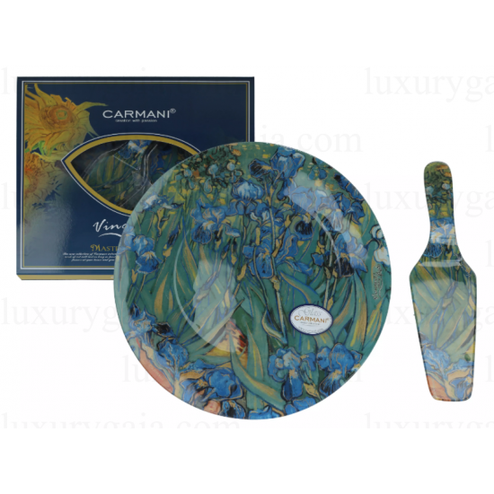 Стъклено плато за торта със шпатула по картини на Van Gogh ''Ириси'' - Luxurygaia.com