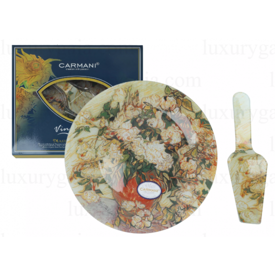 Стъклено плато за торта със шпатула по картини на Van Gogh - Luxurygaia.com