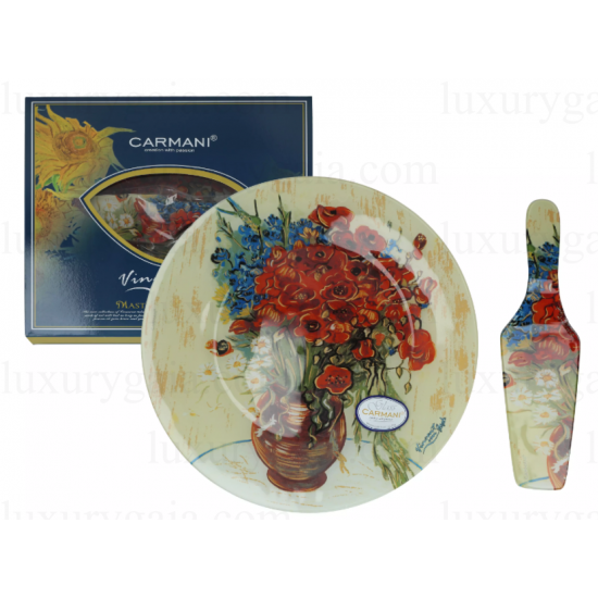 Стъклено плато за торта със шпатула по картини на Van Gogh ''Макове'' - Luxurygaia.com