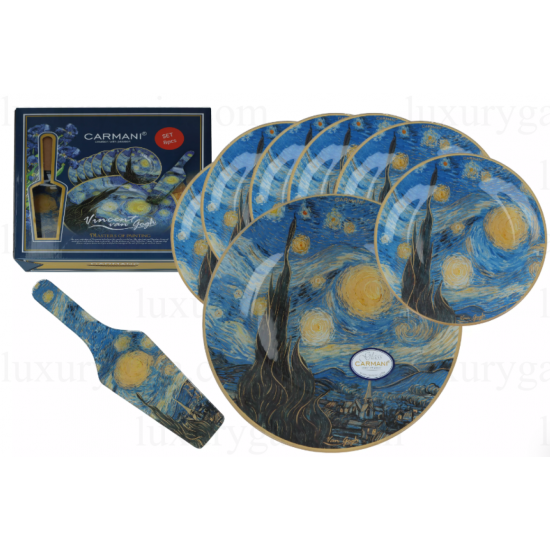 Комплект за торта 8 части- стъкло по картини на Van Gogh ''Звездна нощ'' - Luxurygaia.com