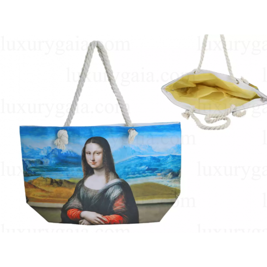 Голяма платова чанта за плаж/пазар по картини на Leonardo Da Vinci ''Мона Лиза'' . Размер: 56x37 см - Luxurygaia.com